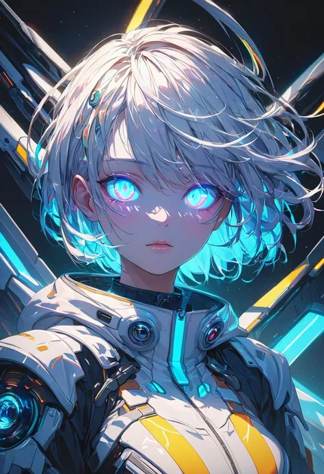 glowing eyes, colourful glowing hair, wearing sci-fi jacket, anime style, high detail, Futurism, glowing light, UHD, retina, masterpiece, ccurate, anatomically correct, textured skin, super detail, high details, high quality, award winning, best quality, h...