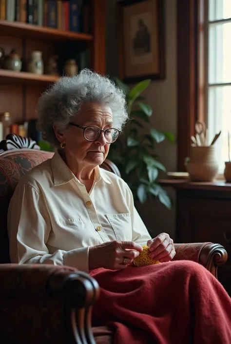  A serious and wise lady called Tia Crô ,  with gray and curly hair ,  is sitting in a comfortable chair while crocheting .  She wears a simple cold blouse ,  but elegant , in a soft tone , suitable for the elderly .  On her lap and legs ,  she is covered ...