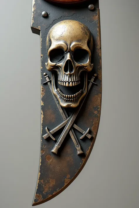  Create a knife  (pocket knife ),  with a figure carved on the blade of a skull with a sword crossing them, Remembering a pirate symbol in the 1940s