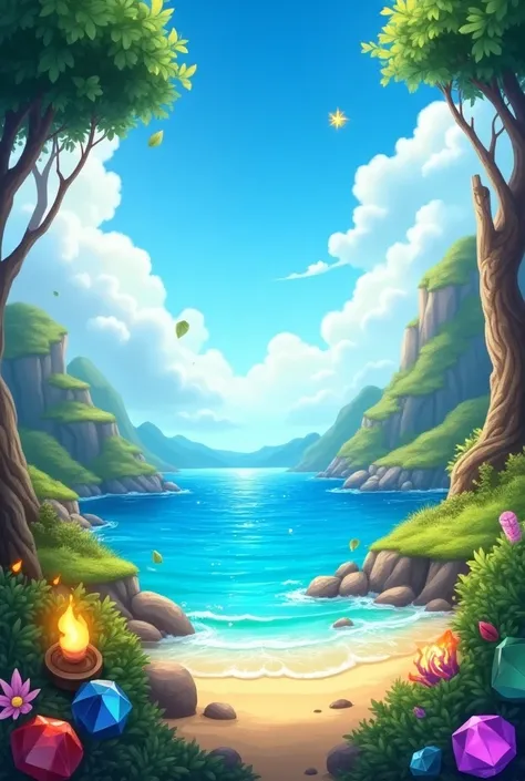  Board background for a Candy Crush style game , that evokes a magical and elemental world .  The design must be vibrant and colorful ,  with a smooth transition between the four elements : land, Water, fire and air.  at the bottom , un paisaje de land fér...