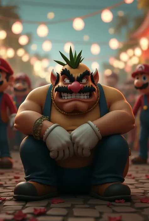 Wario sad and alone at a Mario party