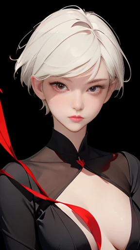 ((No NSFW)), ((masterpiece, Highest quality)), One girl, Beautiful attention to detail, Detailed face, (whole body:1.2), White short hair, Red eyes, Mid-chest, (Black background:1.2), petal, Shadowed face,