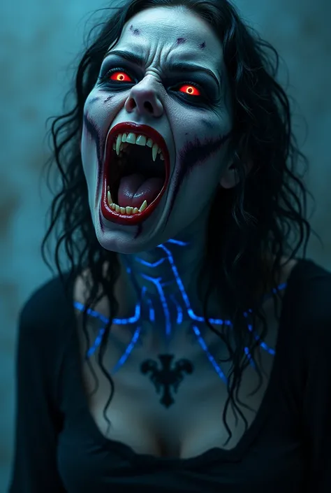 carnivorous beautiful scary female vampire, (her teeeth are like sharks:1.5), A nightmarish, terrifying face, Long, sharp claws, glowing eyes, (blue veins are visible through the skin all over the body and face:1.6)