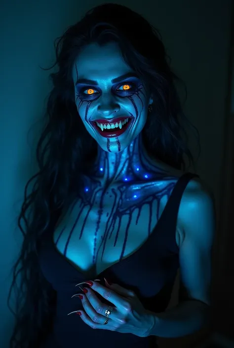 carnivorous beautiful scary female vampire, (her teeeth are like sharks:1.5), A nightmarish, terrifying face, Long, sharp claws, glowing eyes, (blue veins are visible through the skin all over the body and face:1.6)