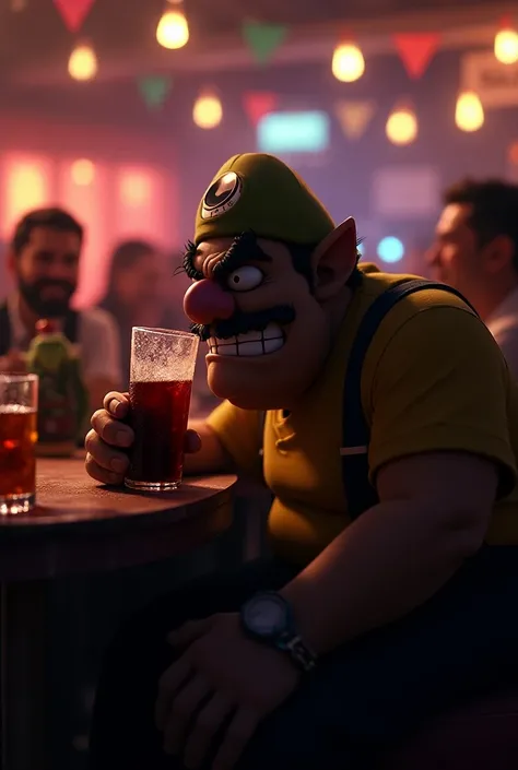 Wario drinking sad and alone at a Mario party