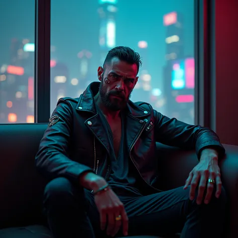 rafed man sitting on a couch in a room with a city view, cyberpunk vibe, in cyberpunk style, cyberpunk art ultrarealistic 8k, cyberpunk dude, in cyberpunk aesthetic, cyberpunk vibes, cyberpunk portrait, cyberpunk face, portrait of a cyberpunk man, has cybe...