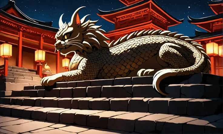 A mythical dragon greatly resembling a cat sleeps on the stone steps of a Buddhist temple, night
