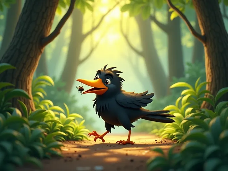  in the dense jungle ，Panoramic trees ， a small black crow ， black mouth ，Biting a bug in the mouth，Sideways running， warm sunshine ，3D Animation，Light Effect，Cartoon，Horizontal version 16:9，Ultra-clear picture quality