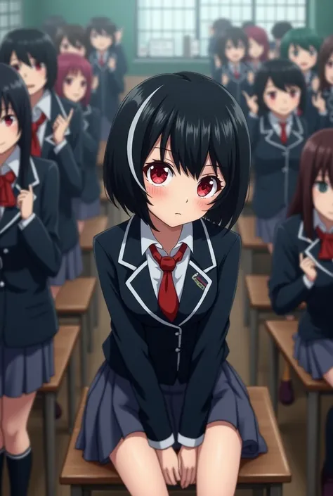 screenshot of my hero academia.
Girl with short black hair and two white locks , red eyes,  has the UA uniform and in the background she has the UA school class and she is sitting 