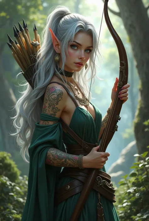 Robin hood rebellious half elf bard women with silver choppy long hair and greyish blue eyes holding an elivish instrument with tattoos and side swept bangs