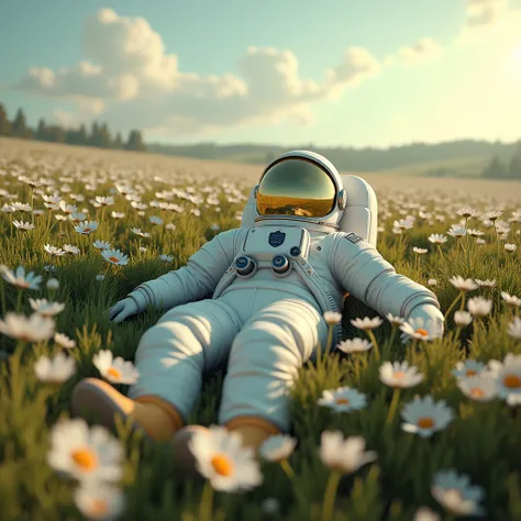 Astronaut lying in a field of daisies, viewed from a high angle, surrounded by flowers and soft sunlight, sky with soft clouds, realistic textures, ambient lighting casting soft shadows, tranquil and cinematic atmosphere