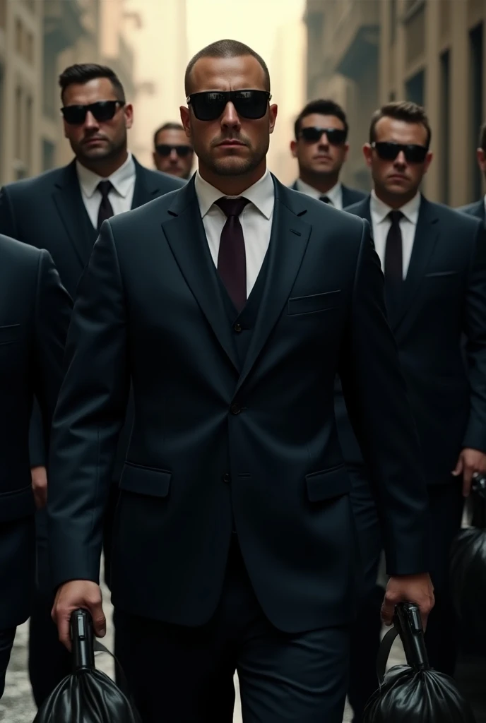 Six well dressed mens in black suit carrying money bags and guns with sunglasses