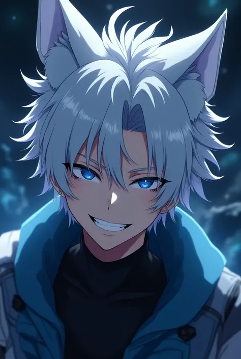 Pretty male, white silver middle hair, blue eyes, white eyelashes, kitsune, looking cocky, grinning,, anime style, face focus, sci-fi, night