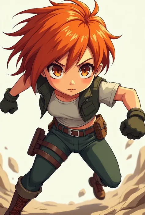 A cartoon of a woman resembling Mikasa Ackerman but with orange hair, showing bravery and determination.
