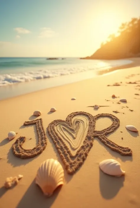 Create a photo of a sand beach and theres letter J A heart shape and R carved on the sand