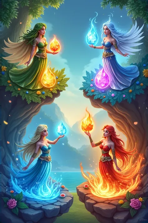  Board background for a Candy Crush style game ,  where each tile is held by a mythical character that represents one of the four elements : land, Water, fire and air.

 Earth Character :  A guardian of nature ,  with a body made of vines and precious ston...