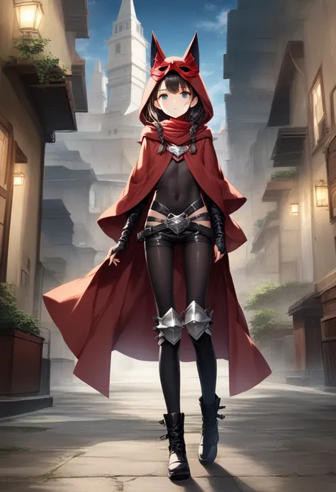 High quality 4_Little_girl with blue_hair long_red_scarf fox_tell (black_red_cloak) black_hoodie round head flat_chest (fox_mask_on_faith) wearing_fantasy_armor_tight_red_shirt type_black_pants black_boots in Apocalypse_City_night