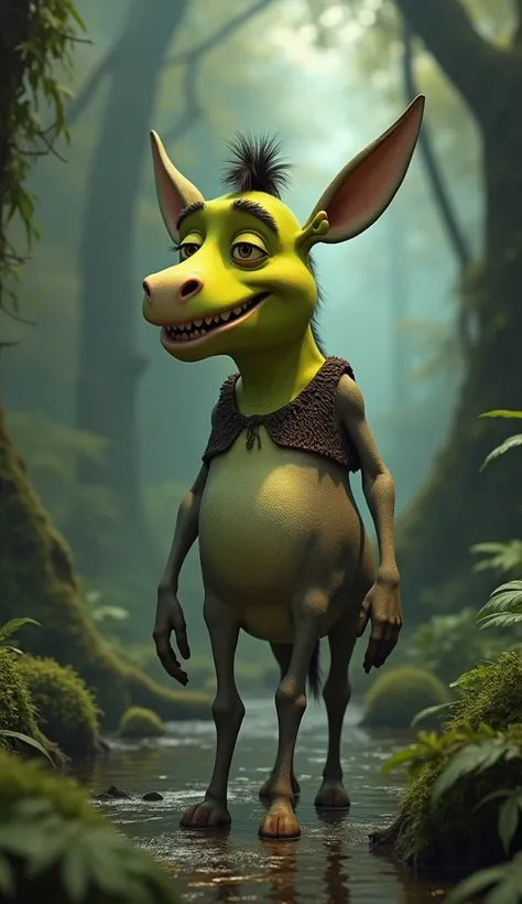  Shrekkey has Shrek’s green skin and large ears combined with Donkey’s long legs and tail, sharing a friendly grin in the same swampy environment.