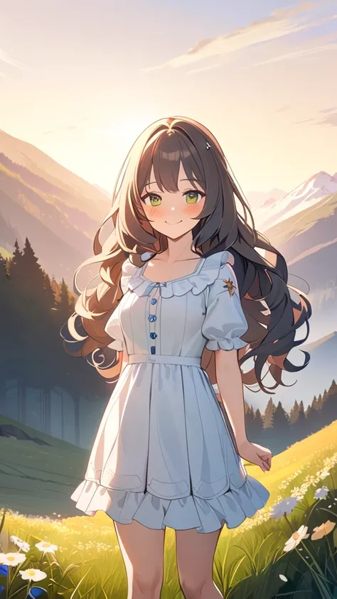 1 girl, ( cute face), ( long wavy hair :1.2),  Fantasy Anime Outfit,  Alps Style Dress ,  frill blouse , Floral Skirt,  small breasts, smile, break, Alps Mountain々, (Soft morning sun:1.1),  Foggy Scenery , Fresh air, break, Green grassland,  bright wildflo...