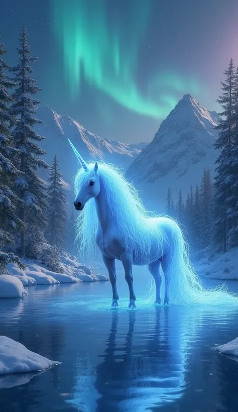 Heres an enhanced prompt with an amazing background:

"A majestic unicorn-jellyfish hybrid stands on a crystalline lake surrounded by snow-covered mountains under a star-studded night sky. The unicorn has a glowing blue horn and a translucent, jellyfish-in...