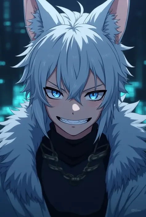 Pretty male, white silver middle hair, blue eyes, white eyelashes, kitsune, looking cocky, grinning,, anime style, face focus, sci-fi, night