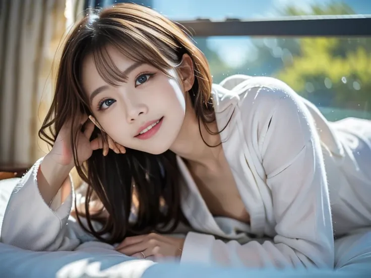 
12K、HDR、Bit depth 10 bits、 high-definition face 、 blue eyes、The model is 25 years old、 bedroom、((Prone position on bed))、White bathrobe、 looks at the audience and smiles 、 natural sunlight coming in through the window、A gentle gaze、((Sleeping))、Portrait S...