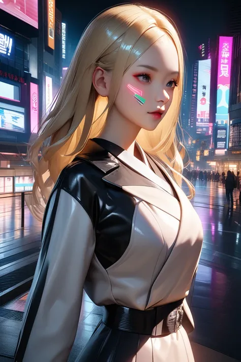 A high-definition 3D render of a young Japanese woman with shoulder-length blonde hair, dressed in a sleek, modern outfit. She stands in a high-tech futuristic cityscape at dusk, surrounded by neon lights reflecting on her skin. The lighting is realistic, ...