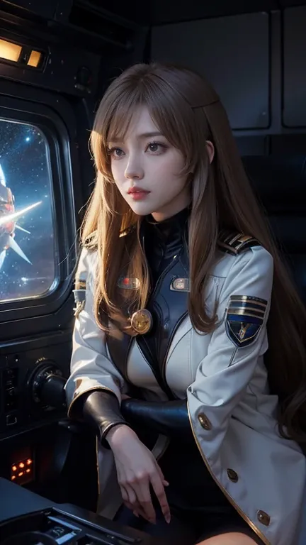  Movie scene ，masterpiece: Space Battleship Yamato 2202: High-quality images of Yuki Mori，　  exquisite details 、Ultra-realistic:2.0、 Shining metallic body、Composite Panel、Curvaceous and sophisticated design、  、Nebulae and stars that accentuate that silhoue...