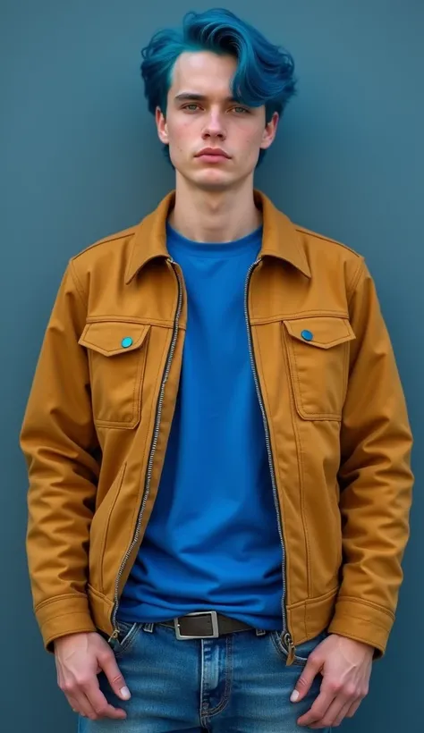  mens 19-year-old young Russian model, (( blue hair)), (( blue hair corto y desordenado)),  blue eyes , ((((blue t-shirt and jeans ))), posa standing,  has to see pants , fotorrealistic, 8K, ( better quality, 4k, 8K,  High resolution,  masterpiece : 1.2), ...