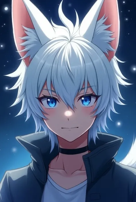 Pretty male, white silver middle hair, blue eyes, white eyelashes, kitsune, looking cocky, smirking, anime style, face focus, sci-fi, night