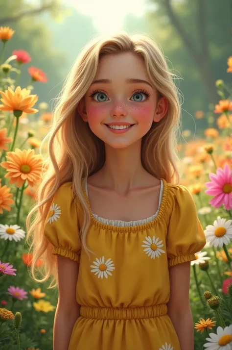 A 20-year-old girl with long wavy blond hair B3 .  Tender face with freckles navy blue eyes symmetrical face marked jaw laughs with a perfect smile, in a gardener with 
 Muchad Flores ,  dressed in a beautiful yellow dress with daisies  