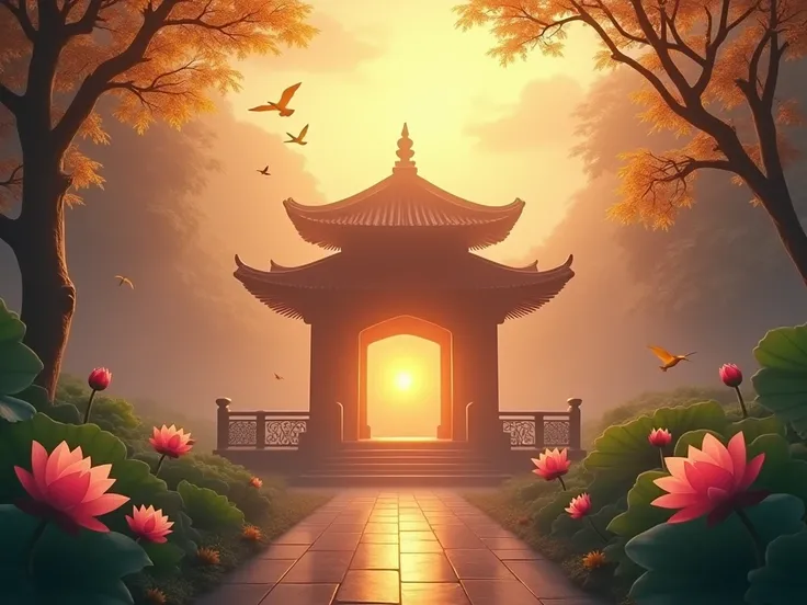 A mystical scene of a traditional, spiritual shrine bathed in warm, radiant light. The background features the shrine, surrounded by nature, with delicate lotus and chrysanthemum flowers blooming around the building. Above, birds gently soar through the sk...