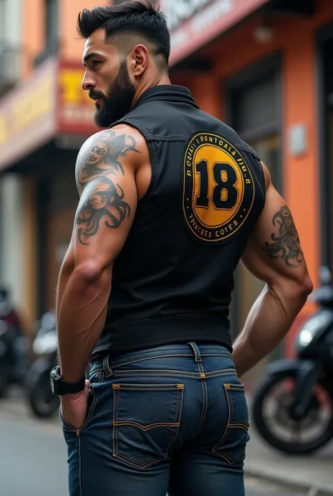 Hyperrealistic hunky super Latin handsome man with short beard super stocky with tattoo on one arm big biceps strong and muscular legs in tight bulging jeans (((Between the leg big bulge exaggerated bulge big buttocks ))) with great fashion shirt and black...