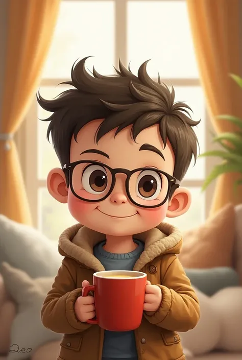 Drawing of a smiling gray boy wearing glasses wearing a jacket with a mug in his hand 
