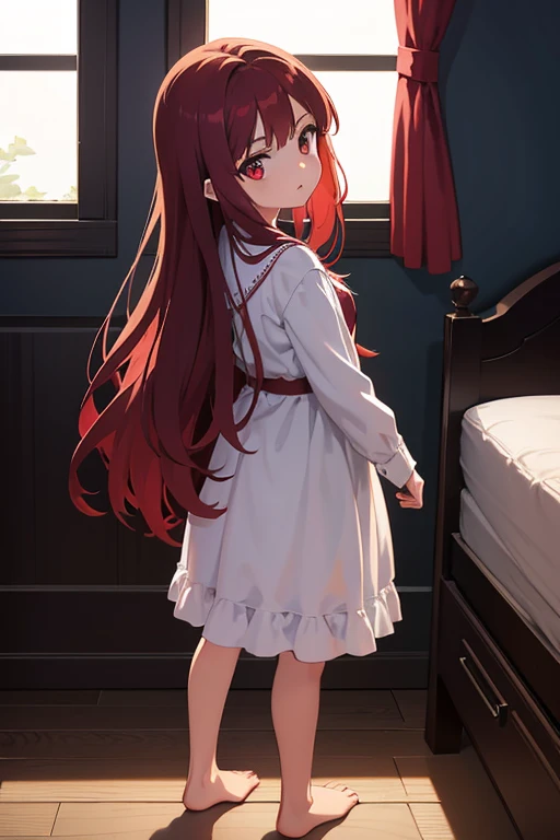  Extremely young little girl  ,  and fragile  ,  long flowing dark red hair  ,  big expressive and bright light red eyes , small and delicate face ,  small and delicate red mouth  ,  full body  , standing ,  with its back to the spectator ,  Looking back  ...