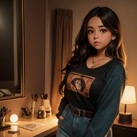 90s dark vintage film style, A petite cute slightly chubby Mexican emo girl, long volumetric emo style brown hair, beautiful detailed brown eyes, cutely detailed lips, cute highly detailed eyes and face, round shape face, voluptuous breasts, long sleeve v ...