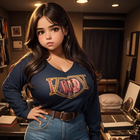 90s dark vintage film style, A petite cute slightly chubby Mexican emo girl, long volumetric emo style brown hair, beautiful detailed brown eyes, cutely detailed lips, cute highly detailed eyes and face, round shape face, voluptuous breasts, long sleeve v ...