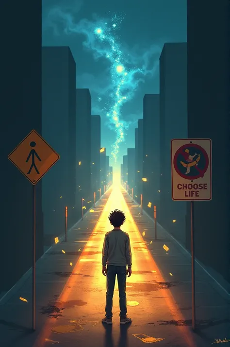 Prompt: "A powerful visual of a young person standing at a crossroads in a dimly lit urban environment at night. On one side, a path with a faded Drinking Zone sign leading to blurry, distorted scenes of people suffering from the effects of alcohol, like b...