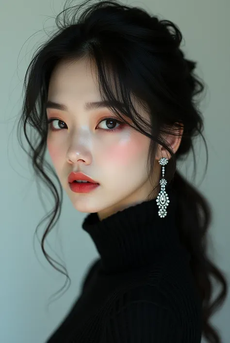  A style that goes well with black ,  dark hair , Sexy, pretty, and raunchy Korean girl with big breasts , She has double eyelids ,  A little small friend ,  Cute because her eyes arent very big ,  Korean girl wearing a black sweater and looking innocent, ...