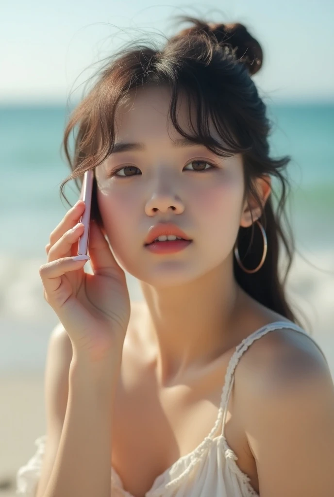 there is a woman that is sitting on the beach with a cell phone, jimins plump lips, lalisa manobal, wan adorable korean face, ulzzang, close up face, sun yunjoo, jinyoung shin, bae suzy, jaeyeon nam, lovely delicate face, close up portrait photo, lalisa ma...