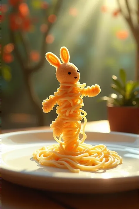 A whimsical miniature figure composed of delicately arranged noodles, poised in carefree dance on the rim of a plate, white shiny plate,set on a table, vibrant kitchen backdrop, where dappled sunlight filters through the canopy above, casting intricate sha...