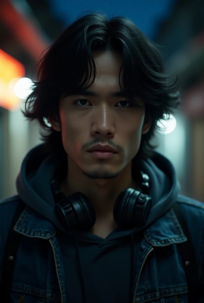 A close up of a handsome thai man. Wearing jeans hoodie jacket. Teeth. Sad. Standing in the center of the dark night alley alone. Lonely. Looking at the viewer. Wavy long black hair. High resolution. UHD. F/1.2 , headphones. Realism