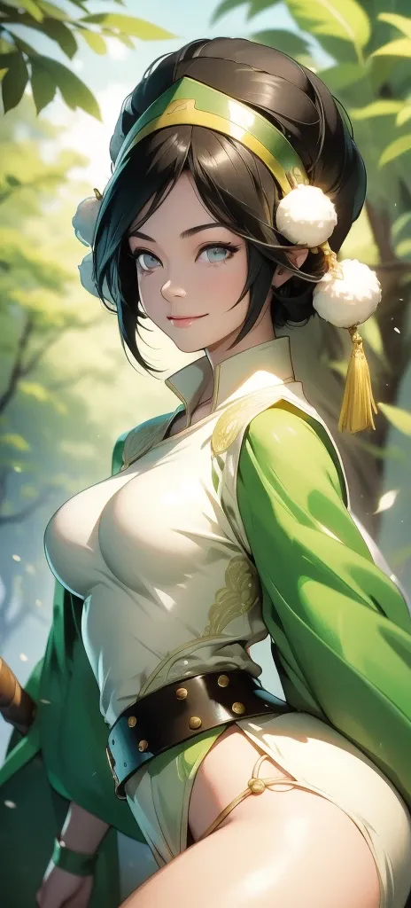 Toph beifong  ,happy, showing big ass, half naked, Forest background, smiling, sexy, topless. 