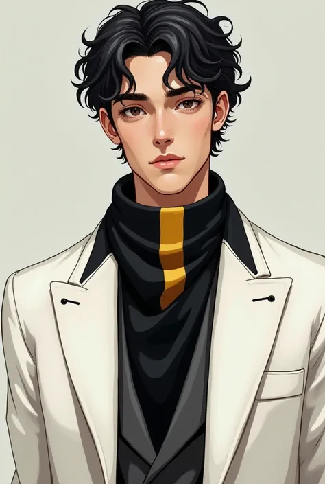 Create the image of a young man, Weakly tanned skin ,  woman, Look Calm and serious,  short curly black haircut ,  using a black scarf with a yellow stripe centered on it, in a white coat closed with some details in black , He apparently is European 