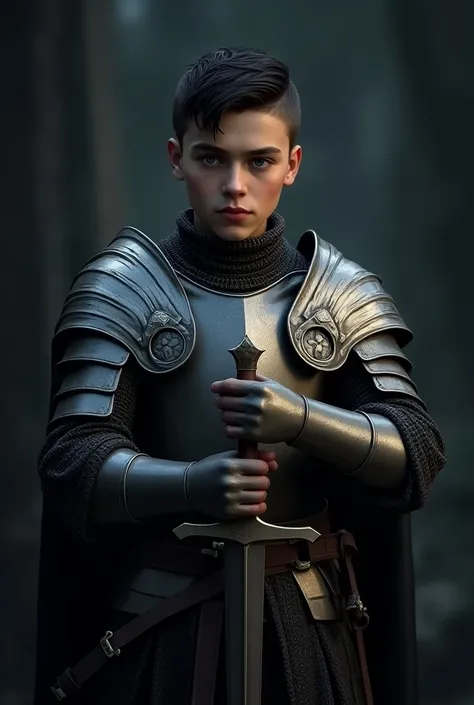 A young male with blue eyes and short slickback black hair. in the game of throne wearing a knights armor and a sword in his hand.