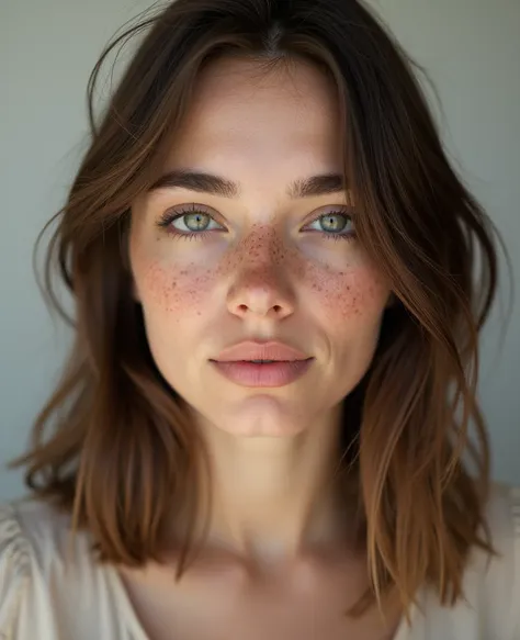 ultra realistic photo of a 20 years olg woman with straight brown hair, no makeup, few freckles, highly detailed, 4k, high resolution, award winning photography but not asiatic
