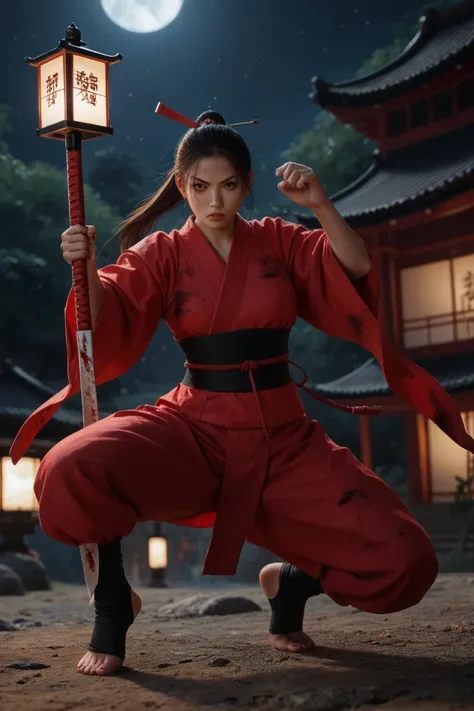 1woman, night time , full body pose ,rise one hand up, samurai
sword in her hand, shining samurai blade with blood , beautiful detailed
eyes, face to thigh view ,blood smear on her face, serious face, fighting
emotion, beautiful detailed lips, extremely de...