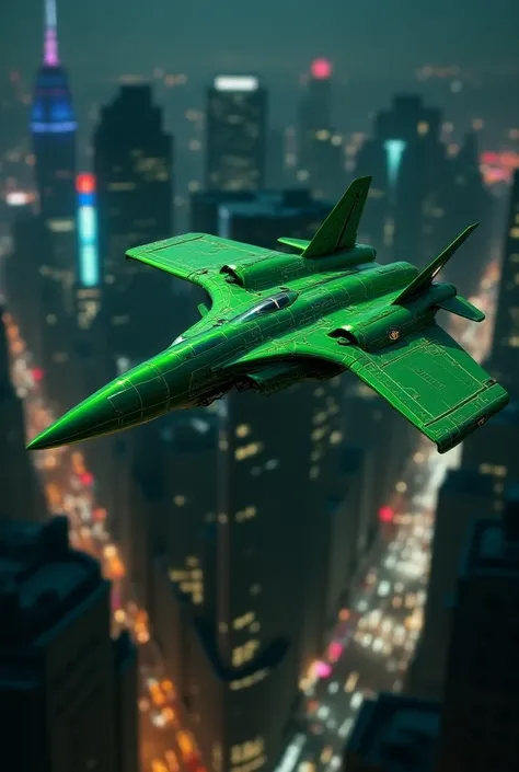 green bird, The Hawktor superhero aircraft, flying at night in the city.