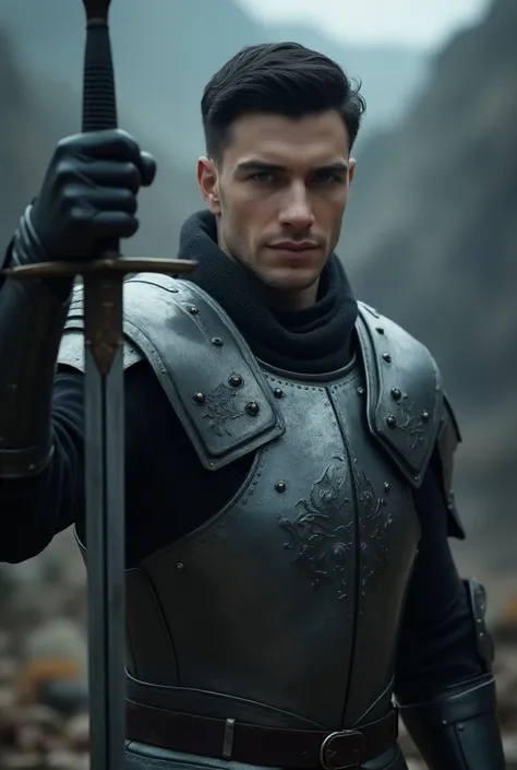 A male in his 20s with blue eyes and short slickback black hair. in the game of throne wearing a knights armor and a sword in his hand.