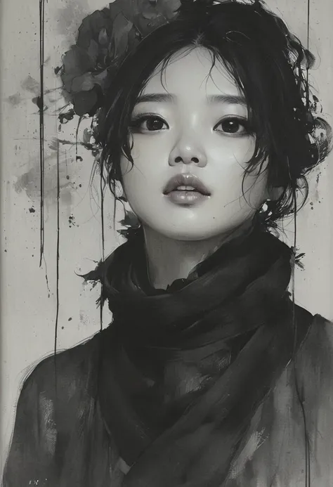 painting of a woman with a black scarf and a flower in her hair, jinyoung shin art, artwork in the style of guweiz, guweiz, guweiz masterpiece, by Kim Hwan-gi, jingna zhang, realistic. cheng yi, by Zhang Han, jisu choe, by Zhou Wenjing, by Kim Hong-do, by ...